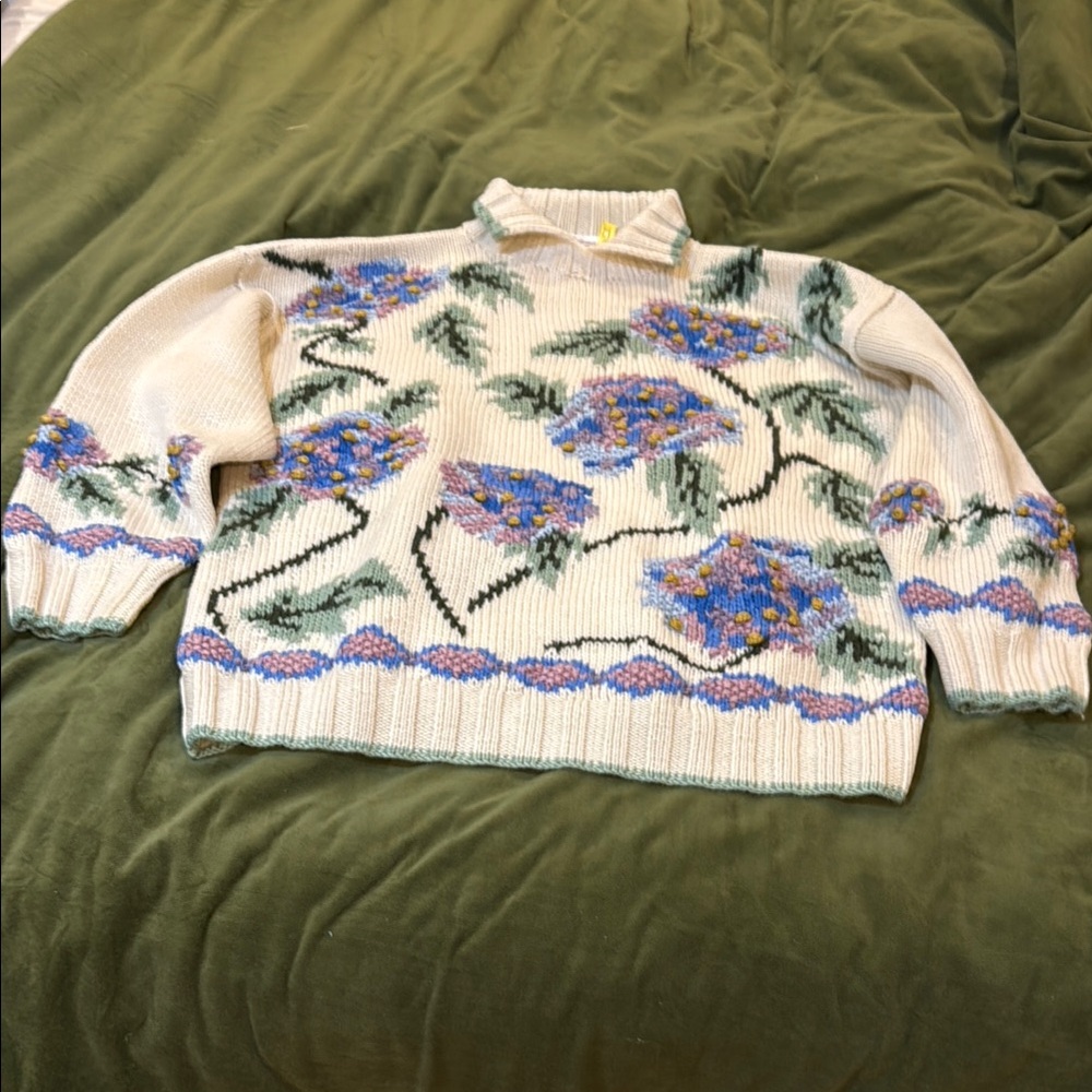 Wool Knit Sweater - Cream with blues, purples and greens